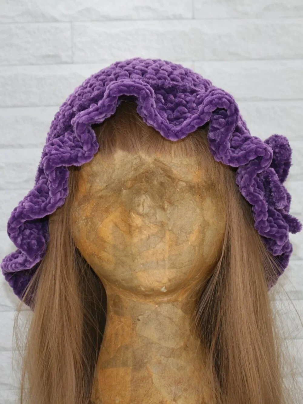 HAND CRAFTED Hat Crochet Bucket Chenille Winter Medium Ruffle Wide Brim Purple